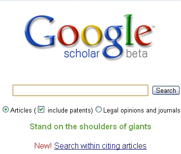 Google Scholar beta search page with the slogan 'Stand on the shoulders of giants'.