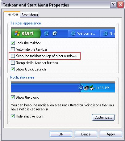 Windows XP Taskbar and Start Menu Properties dialog, with 'Keep the taskbar on top of other windows' highlighted and unticked.
