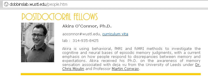 Akira O'Connor's postdoctoral fellow profile on the Dobbins Lab website at Washington University, with photo and short biography.