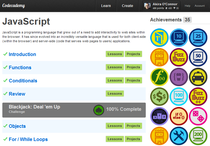 Codecademy JavaScript course page showing completed lessons and a grid of achievement badges.