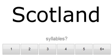 Online experiment screen showing the word 'Scotland' and buttons from 1 to 6+ asking how many syllables it has.